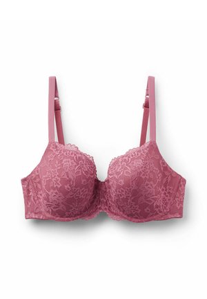Spitzen-BH in Mauve mit geformten Cups und verstellbaren Trägern. Strukturiertes Blumenmuster und geschwungene Kanten am Ausschnitt.
