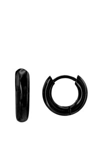 Schwarze Creolen mit einer glatten, glänzenden Oberfläche. Sie zeichnen sich durch ein abgerundetes Design und einen sicheren Verschlussmechanismus für einfaches Tragen aus.