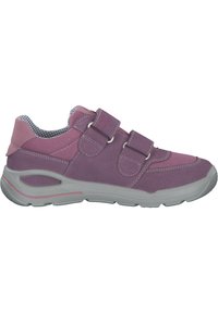 Purple shoes with a suede and mesh upper, featuring two Velcro straps, a rounded toe, and a thick gray rubber sole with red accents.