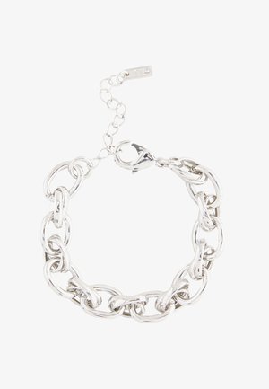 Silver metal chain bracelet with oval links, featuring a lobster clasp closure and an adjustable chain for size variation. Smooth texture.