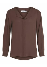 Brun långärmad blus i slät tyg, med V-halsringning, subtil framtill och rundad nederkant. Lappen synlig inuti halsringningen.