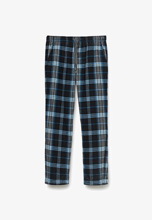 Sort og blåternet nattøjsbukser lavet af blødt materiale, med elastisk talje og sidelommer. Mønsteret inkluderer horisontale og vertikale striber.