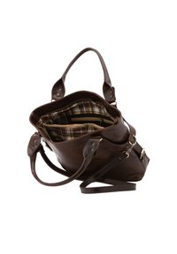 Borsa a tracolla in pelle marrone con una forma strutturata, manici per il trasporto e un interno a quadri. Presenta diversi scomparti e una chiusura con zip.