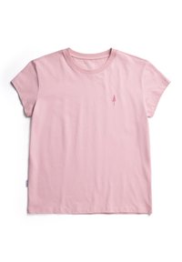 Rosa Baumwoll-T-Shirt mit Rundhalsausschnitt, kurzen Ärmeln und einem kleinen Baum, der auf der linken Brust gestickt ist. Glatte Textur, lässiges Design.