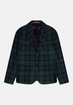 Blazer à carreaux vert foncé et bleu marine avec deux boutons, revers crantés, poches à rabat et doublure intérieure en satin noir.