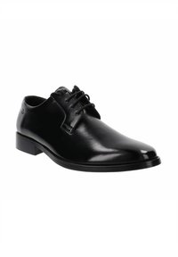 Zwarte leren veterschoenen met een gladde afwerking, ronde neus en een lage, stevige hak. Minimalistisch ontwerp met subtiele accenten.
