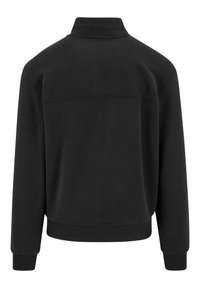 Svart sweatshirt med ståkrage, mjuk textur och ribbade muddar. Har en enkel bakdesign utan synlig hårdvara eller mönster.