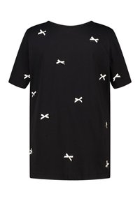 Zwarte t-shirt met korte mouwen, versierd met verspreide witte lintmotieven. Zachte stof met een ronde halslijn en een relaxte pasvorm.