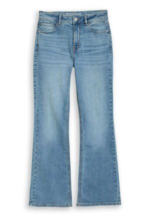 Lichtblauwe denim jeans met een taille op middelhoogte, knoopsluiting, voorzakken en licht uitlopende pijpen.