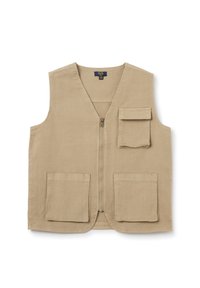 Beige ärmellose Weste aus einem Stoff mit weicher Textur. Sie verfügt über einen Frontreißverschluss, zwei große Fronttaschen und eine kleine Brusttasche.