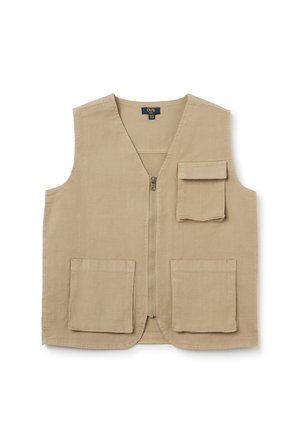 Gilet sans manches beige en tissu avec une texture douce. Il possède une fermeture éclair à l'avant, deux grandes poches avant et une petite poche sur la poitrine.