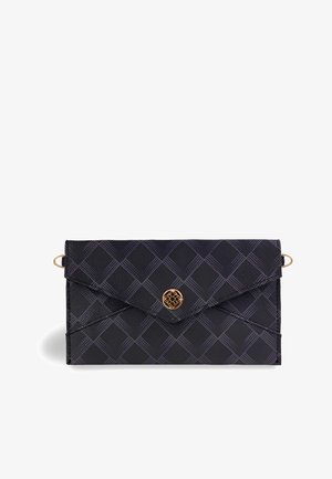 Black envelope-style wallet with a quilted pattern, gold hardware, and a button closure. Features two side loops for attachment.
