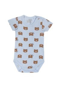 Světle modrý bavlněný overal s krátkým rukávem, s potiskem opičí hlavy v hnědé barvě. Zapíná se na patentky na spodní části.