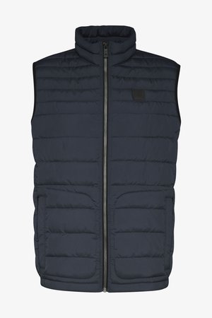 Marineblauer Steppwesten mit hohem Kragen, Reißverschluss vorne, zwei Vordertaschen und gesteppter Textur. Glattes Material mit matter Oberfläche.