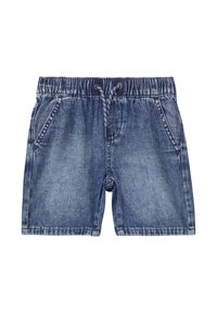 Shorts in denim blu scuro con vita elastica, cordino e due tasche laterali. Presentano un effetto leggermente sbiadito e cuciture a contrasto.