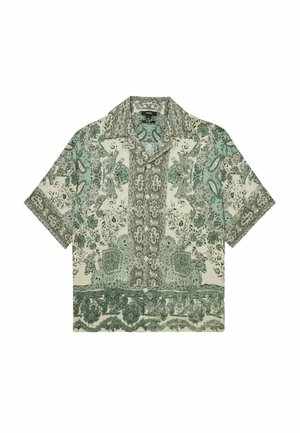 Cămașă cu mânecă scurtă în crem, cu motive paisley verzi și florale. Are un gat butonat și o croială confortabilă. Material ușor.