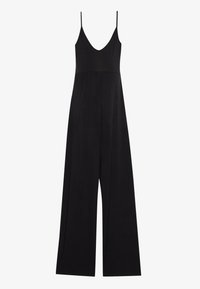 Black jumpsuit made of soft fabric, featuring a V-neck, thin straps, loose-fitting wide legs, and subtle pleating at the waist.
