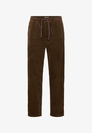 Brown corduroy trousers with a drawstring waist, featuring vertical ribbed texture and straight legs, displayed against a white background.
