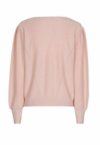 Pull rose clair avec un col large, des manches bouffantes, un ourlet côtelé et des détails de couture au dos. Texture de tissu douce.