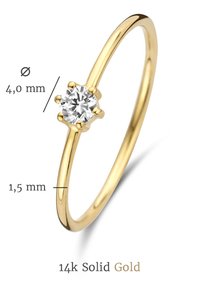 14-karätigermassiver Goldring mit einem 4 mm runden Diamanten, ausgestattet mit einem dünnen Band (1,5 mm) und einer sechszackigen Fassung. Glatte, polierte Oberfläche.
