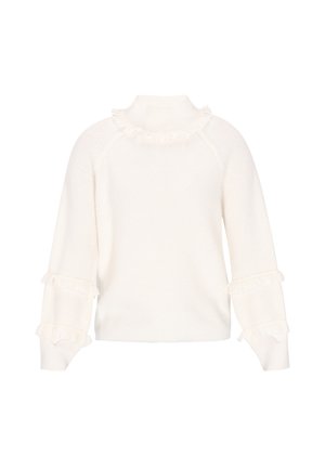 Hvid strikket sweater med en mock turtleneck. Har bølgede detaljer ved kraven og manchetterne. Løs pasform, lange ærmer, blød tekstur.