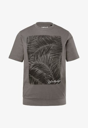 Szary bawełnowy t-shirt z grafiką liścia palmowego w czerni, z napisem "Zgubiony w dziczy" na dole w bieli, krótkie rękawy.