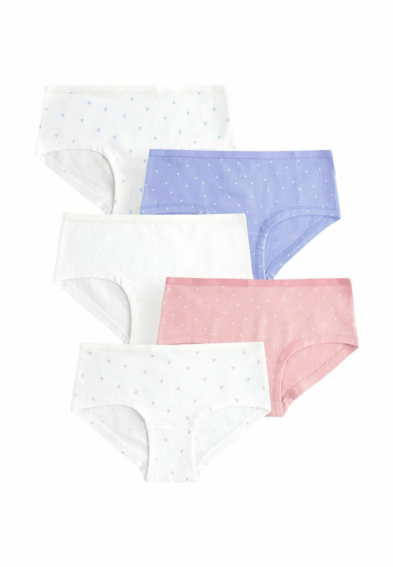 Vijf paar katoenen slips in wit, roze en lavendel, met kleine hart- of stipjespatronen, met een zachte textuur en elastische taillebanden.