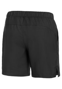 Schwarze sportliche Shorts mit einem elastischen Bund, glattem Stoff und Seitentaschen. Sie bieten eine lockere Passform und einen geschlitzten Saum für Bewegungsfreiheit.