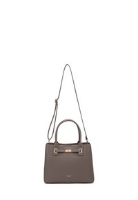 Borsa a mano in pelle grigia con due manici e una tracolla rimovibile. Presenta un'accenno di hardware in tono oro e un design strutturato.