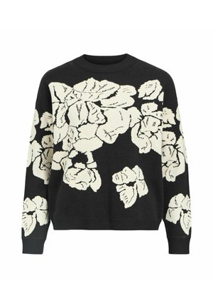 Maglione nero con un design floreale bianco, collo rotondo, maniche lunghe e polsini e orlo a coste. Texture in maglia morbida con motivi dettagliati.