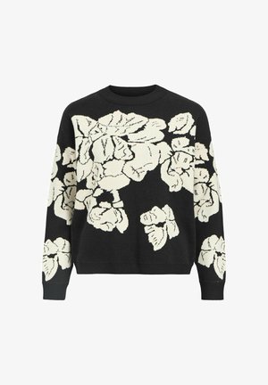 Maglione nero con un design floreale bianco, collo rotondo, maniche lunghe e polsini e orlo a coste. Texture in maglia morbida con motivi dettagliati.