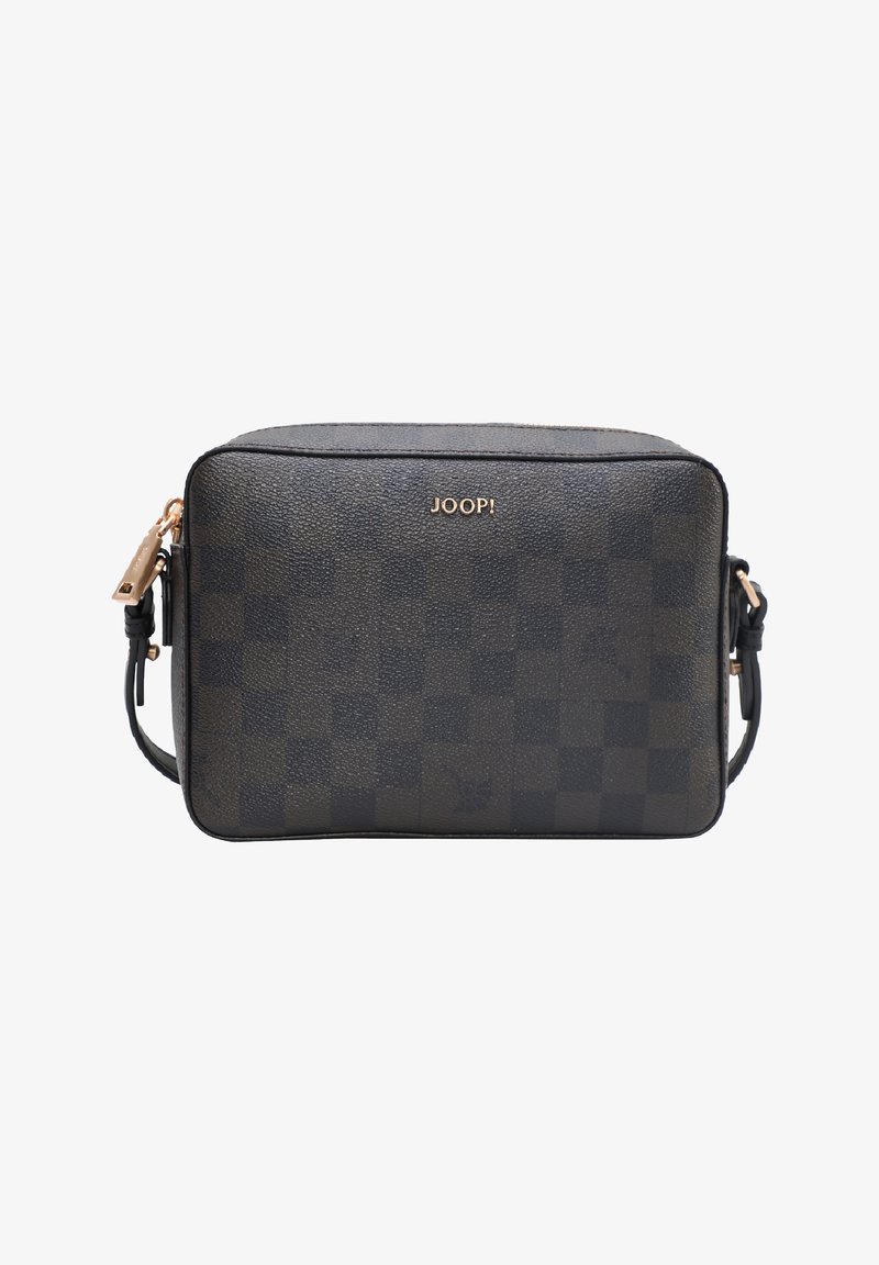 Bolsa de ombro em pele xadrez preta com ferragens douradas, fecho com zíper e alça ajustável. Logótipo em relevo na frente.
