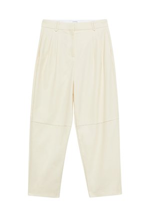 Cream-colored tailored pants with pleats, belt loops, and a tapered leg design, laid flat against a white background.