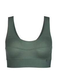 Green sports bra made of textured fabric, featuring a scoop neckline, wide straps, and a seamless design with subtle stitching details.