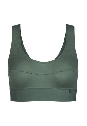 Groene sportbeha van textuurstof, met een ronde halslijn, brede bandjes en een naadloos ontwerp met subtiele stikseldetails.