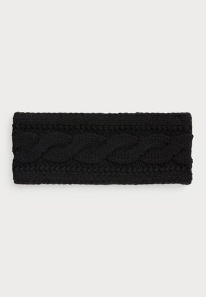 Black knitted headband with a braided cable pattern and textured stitch details, designed for warmth and style.