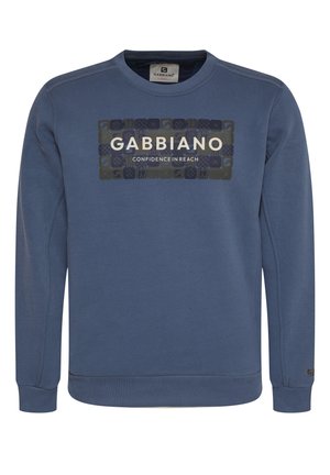 Blue sweatshirt made of cotton with long sleeves, round neck, and ribbed cuffs. Features a prominent graphic logo on the front.