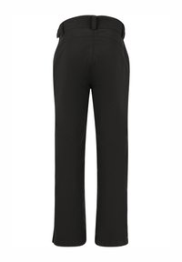 Schwarze Hosen mit geradem Schnitt, ausgestattet mit einer glatten Textur, einem Bund mit Gürtelschlaufen und ohne sichtbare Taschen.