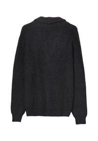 Maglione lungo grigio scuro a coste con maniche lunghe e colletto alto, mostrato da dietro su uno sfondo bianco.