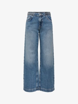 Blaue, hoch taillierte, weit geschnittene Jeans aus Denim mit geflochtenem Taillenbund, vorderer Knopfleiste, Reißverschluss und fünf Taschen.