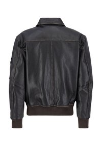 Svart läderbomberjacka med ribbad nederkant och manschetter, som har en klassisk krage och sömnadsdetaljer, mjuk textur och avslappnad passform.