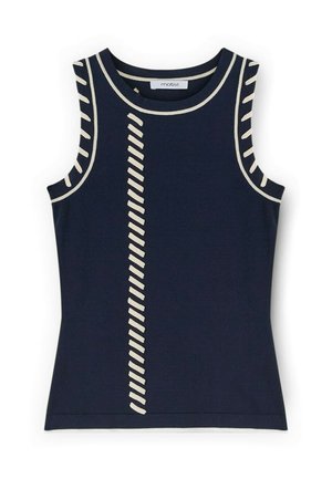 Donkerblauw mouwloos topje met beige diagonale streeppatronen over de voorkant en armenopeningen, met een ronde halslijn en een aansluitend ontwerp.