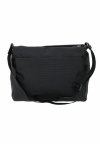 Borsa a tracolla nera realizzata in tessuto texture. Caratterizzata da una chiusura con zip, spallaccio regolabile e una tasca frontale piatta. Design compatto e rettangolare.