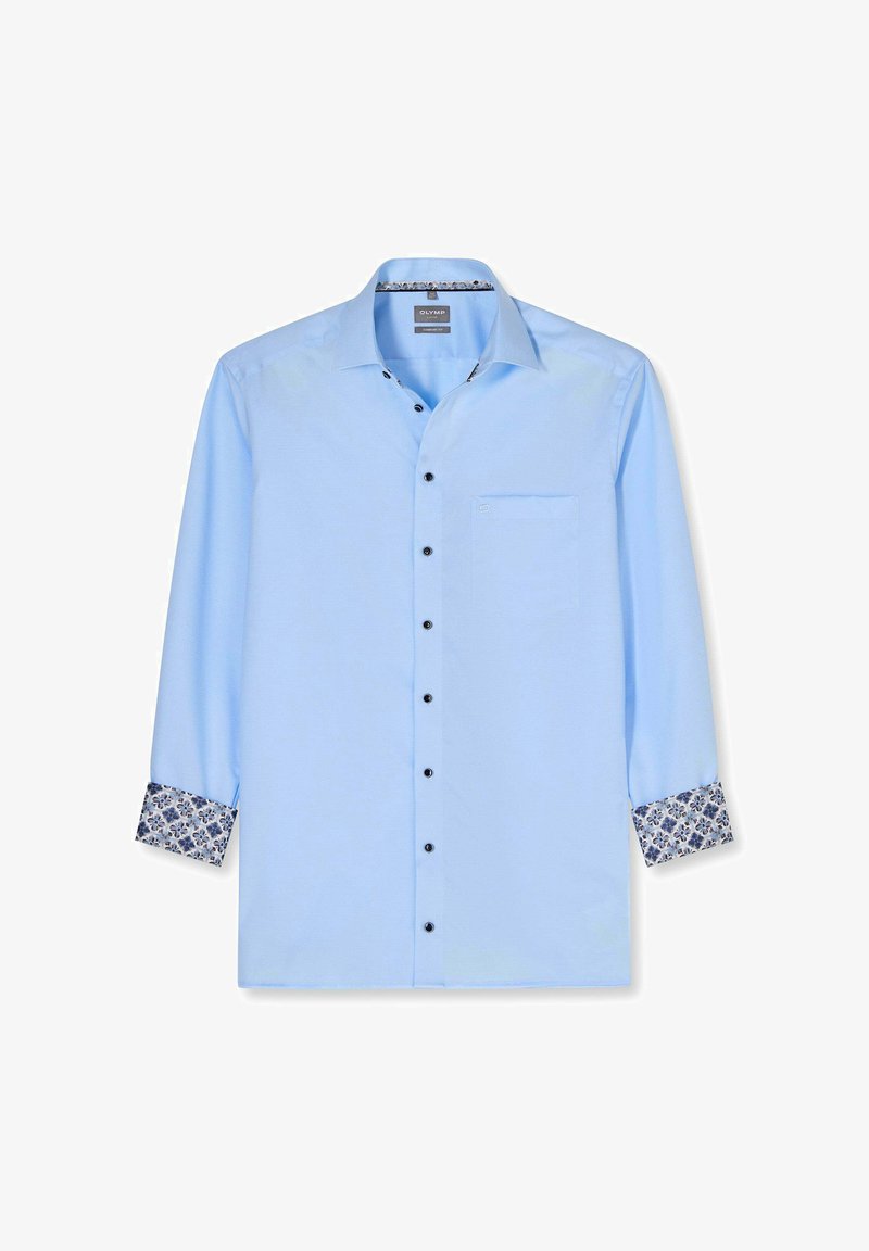 Lichtblauw herenen overhemd met zwarte knopen, een borstzakje en een bloemenpatroon aan de binnenkant van de kraag en de manchetten.