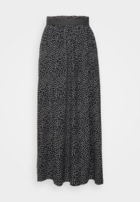 Gonna maxi nera con pois bianchi, vita elastica, design plissettato, tessuto fluente e lunghezza alla caviglia.