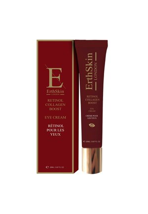 ErthSkin London Retinol Collagen Boost eye cream tube and matching box in dark red with gold text, 20ml size.