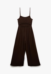 Brown jumpsuit with adjustable spaghetti straps, smocked bodice, and wide-leg design. Soft fabric with a smooth texture.