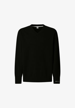 Crni dugi rukav V-izrez pulover s rebrastim manžetama i donjim rubom, s suptilnim "PEPE" logotipom na manžeti lijevog rukava.
