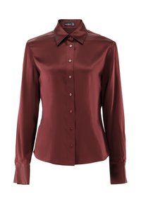Burgundy long-sleeve blouse in smooth fabric, featuring a button-up front, classic collar, and buttoned cuffs. Tailored fit and clean lines.