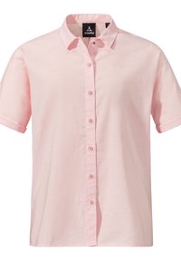 Helles rosa kurzärmliges Hemd aus weichem, strukturiertem Stoff. Verfügt über eine durchgehende Knopfleiste und ein kleines Logo in der Nähe des Kragens.
